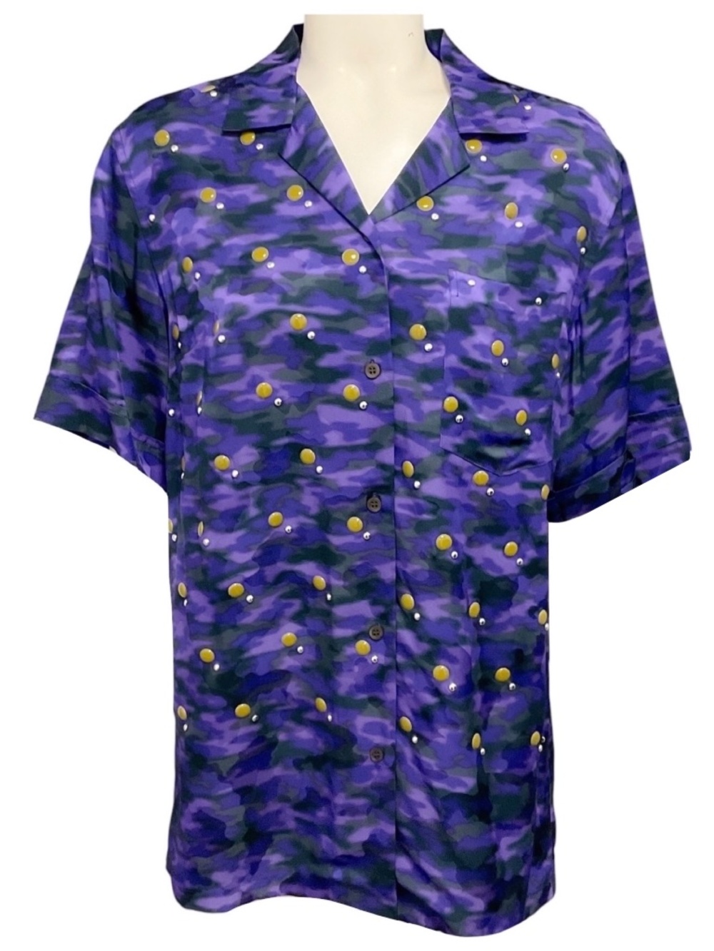 DRIES VAN NOTEN PURPLE MULTI STUD EMBELLISHED CAMO PRINTED SATIN BLOUSE